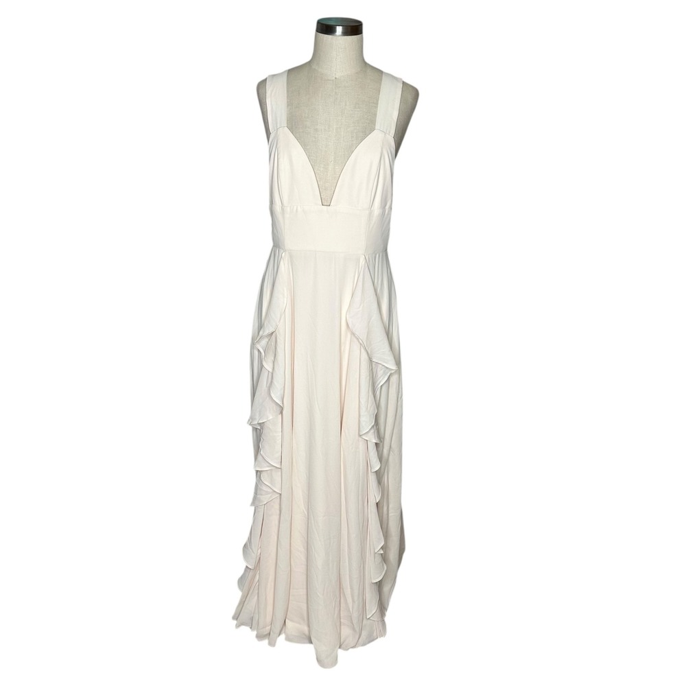 FAME AND PARTNERS The Valley Champagne Ruffle Maxi Dress Formal‎ Bridesmaid Gown
